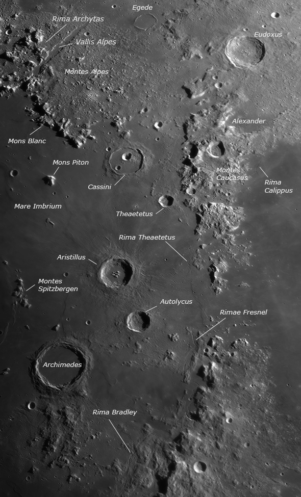 montes caucasus, aples, apeninnus region annotated lunar map