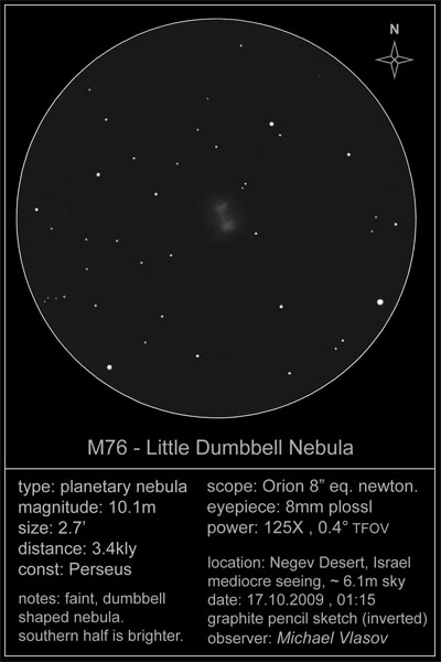 messier 76 little dumbbell nebula sketch, observing log