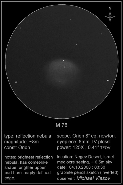 messier 78 reflection nebula drawing, observing log