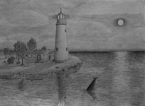 lighthouse at night - pencil drawing