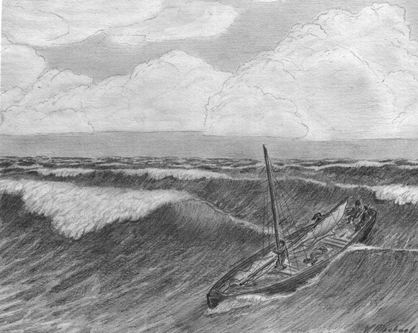 racing the waves - pencil drawing